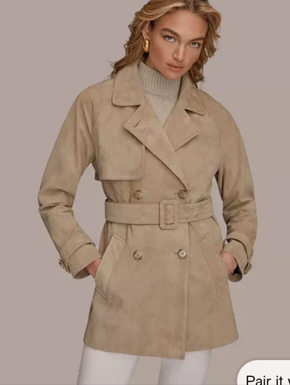 Donna Karan Taupe Suede Double-Breasted Belted Trench Coat